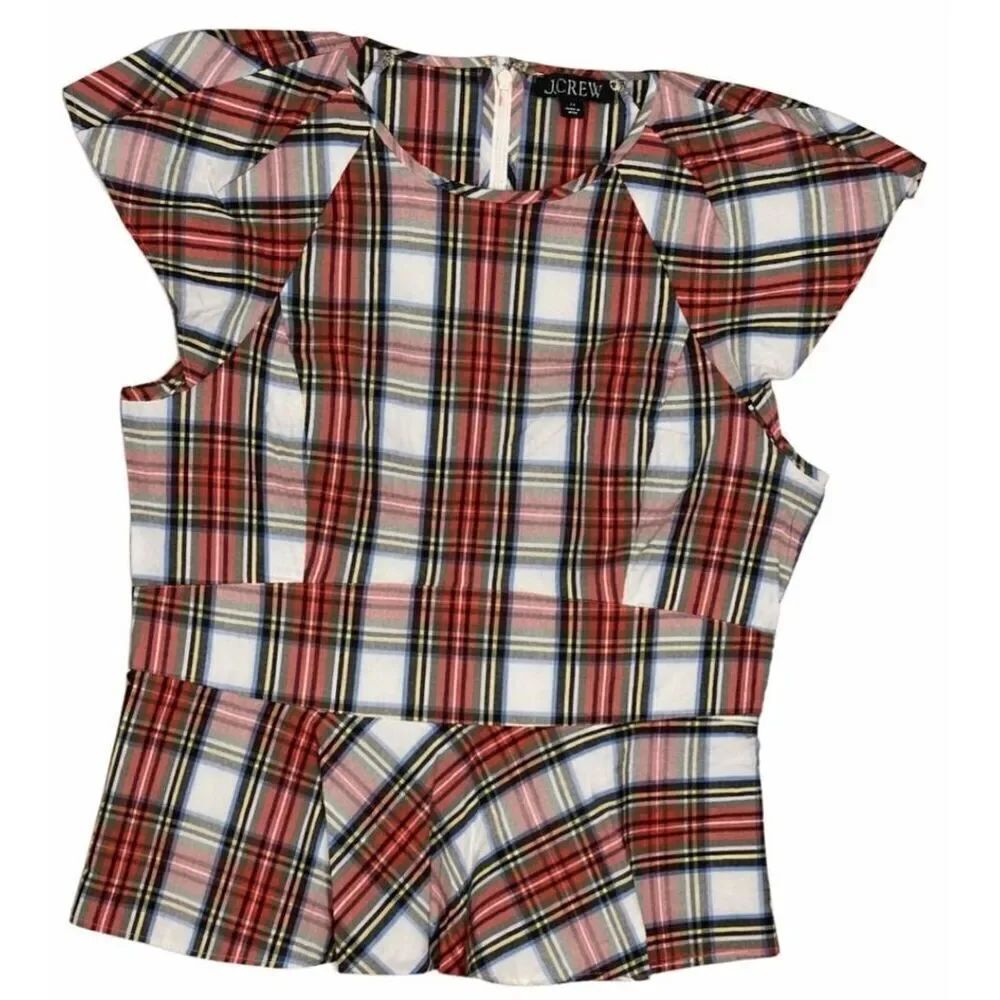 J.crew womens size 12 large cap sleeve red tartan plaid shirt cap sleeve blouse